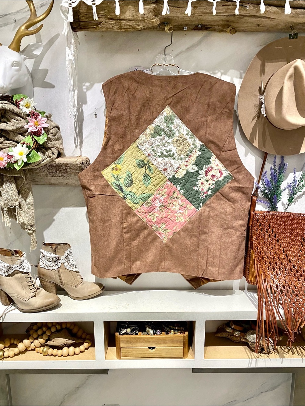 Upcycled Quilted back detailing on vegan suede boho vest rustic cottagecore vibe